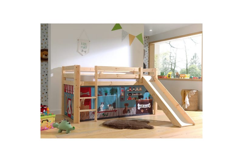 Høyseng med gardin og sklie Pino Naturlig, Dyrebutikk - Naturlig, Dyrebutikk - Møbler - Barnemøbler - Barneseng & Juniorseng - Loftseng