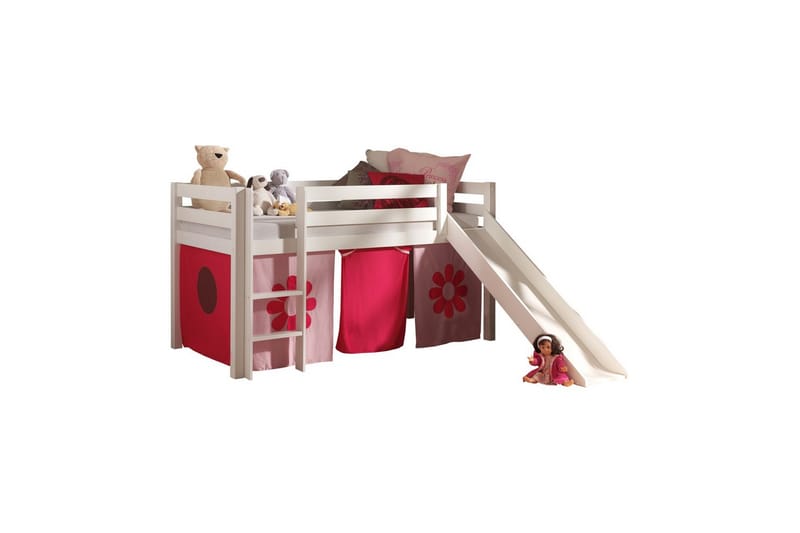 Høyseng med gardin og sklie Pino Hvit, Rosa blomst - Hvit, Rosa blomst - Møbler - Barnemøbler - Barneseng & Juniorseng - Loftseng
