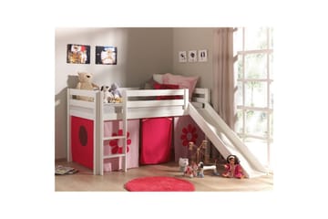 Høyseng med gardin og sklie Pino Hvit, Rosa blomst - Hvit, Rosa blomst - Møbler - Barnemøbler - Barneseng & Juniorseng - Loftseng