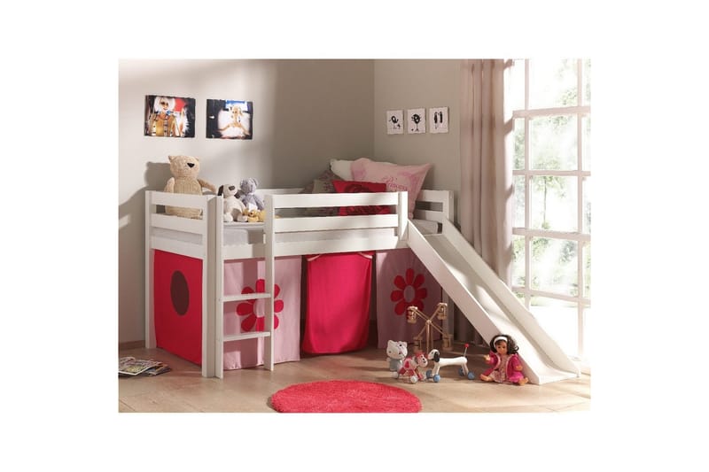 Høyseng med gardin og sklie Pino Hvit, Rosa blomst - Hvit, Rosa blomst - Møbler - Barnemøbler - Barneseng & Juniorseng - Loftseng