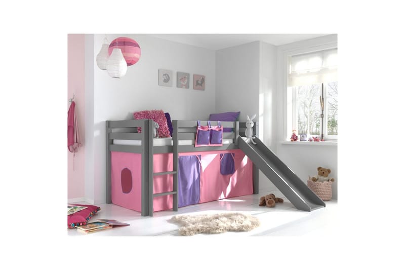 Høyseng med gardin og sklie Pino Grå, Bella - Grå, Bella - Møbler - Barnemøbler - Barneseng & Juniorseng - Loftseng