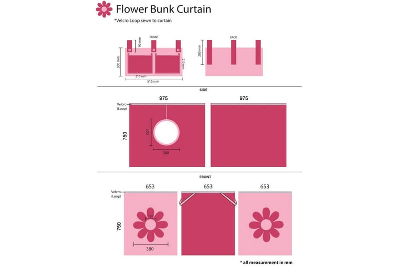 Høyseng med gardin Pino Naturlig, Rosa blomst - Naturlig, Rosa blomst - Møbler - Barnemøbler - Barneseng & Juniorseng - Husseng