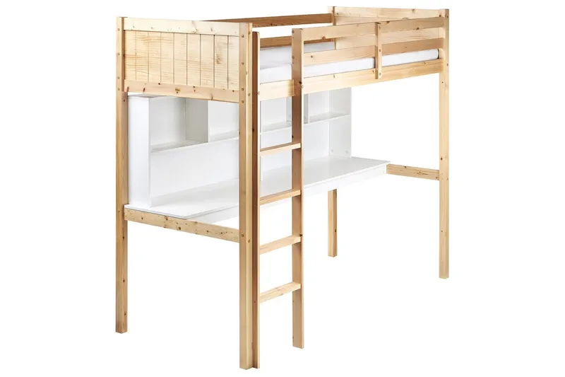 Høyseng med skrivebord Foucamont, Lyst tre, hvit