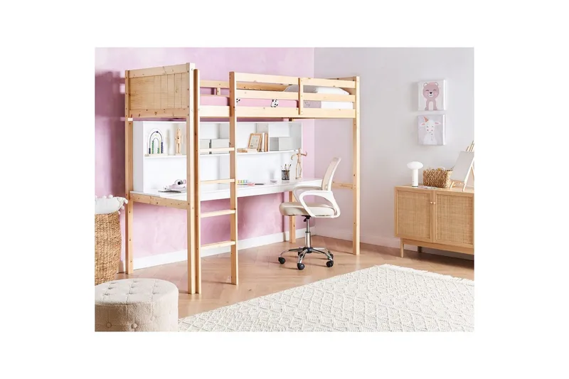 Høyseng med skrivebord Foucamont - Lyst tre, hvit - Møbler - Barnemøbler - Barneseng & Juniorseng - Loftseng