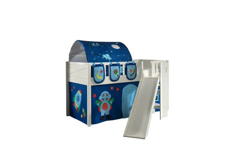 Halvhøy seng med sklie og matchende tekstilsett (lekgardin, tunnel og oppbevaringslommer) Scott Astro - Astro - Møbler - Barnemøbler - Barneseng & Juniorseng - Loftseng