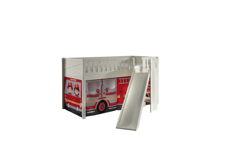 Halvhøy seng med sklie og matchende tekstilsett (lekgardin) Scott Brannbil - Brannbil - Møbler - Barnemøbler - Barneseng & Juniorseng - Loftseng