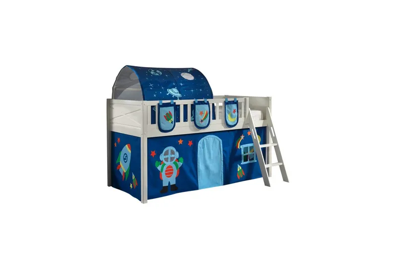 Halvhøy seng med stige og matchende tekstilsett (lekgardin, tunnel og oppbevaringslommer) Scott Astro - Astro - Møbler - Barnemøbler - Barneseng & Juniorseng - Loftseng
