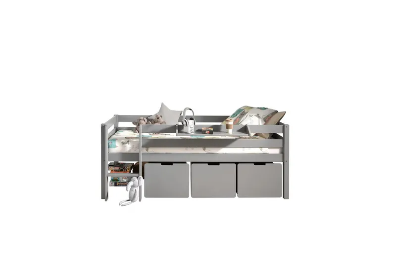 Halvhøy seng med stige og skuffer Pino Grå, Sett med 3, Med Hengende Hylle, Grå, Sett med 3, Med Hengende Hylle