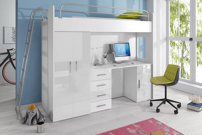 Barneseng Porteous med Oppbevaring og Skrivebord  245 cm - Hvit - Møbler - Barnemøbler - Barneseng & Juniorseng - Køyeseng