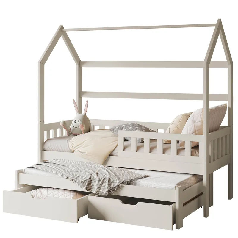 Majbelle sengeramme husseng 80x180 cm med oppbevaring og ekstra liggeplass - beige - Møbler - Barnemøbler - Barneseng & Juniorseng - Husseng