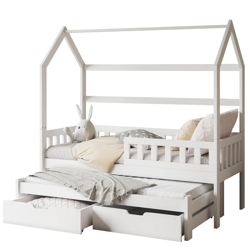 Majbelle sengeramme husseng 90x200 cm med oppbevaring og ekstra liggeplass, hvit
