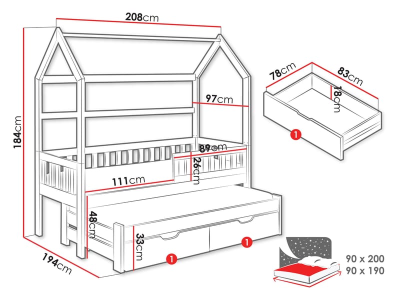 Majbelle sengeramme husseng 90x200 cm med oppbevaring og ekstra liggeplass - hvit - Møbler - Barnemøbler - Barneseng & Juniorseng - Husseng