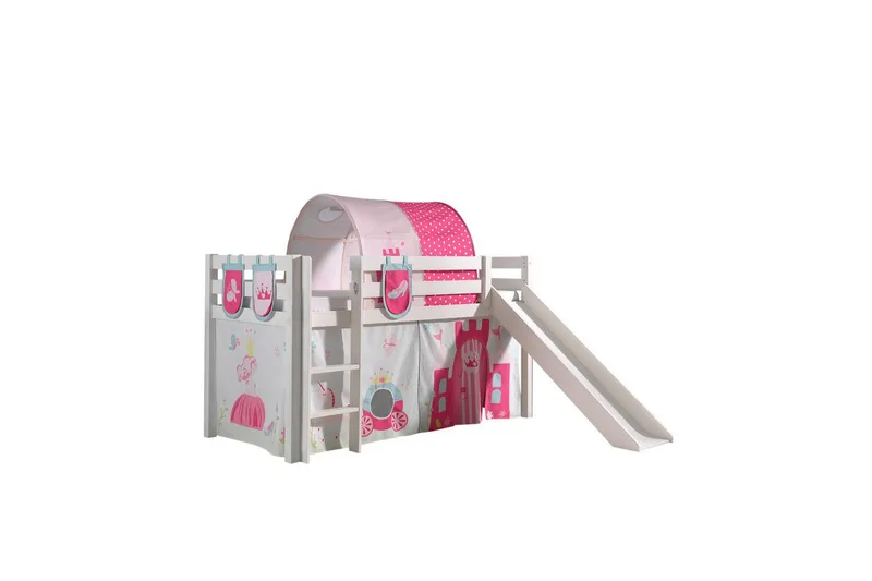 Middelseng med gardin Pino Princess Hvit, Hvit, Med sklie, Prinsesse, 3 - Hvit, Hvit, Med sklie, Prinsesse, 3 - Møbler - Barnemøbler - Barneseng & Juniorseng - Køyeseng