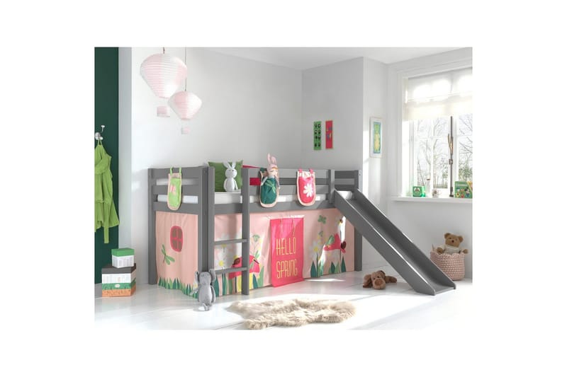 Middelseng med gardin Pino Spring Grå, Grå, Med sklie, Uten tunnel, 3 - Grå, Grå, Med sklie, Uten tunnel, 3 - Møbler - Barnemøbler - Barneseng & Juniorseng - Husseng