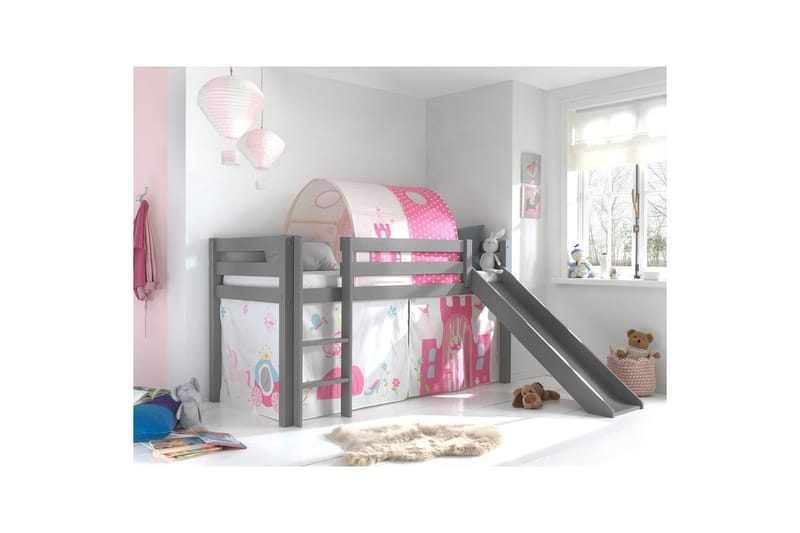 Middelseng med gardin Pino Princess Grå, Grå, Med sklie, Prinsesse, Ingen lommer - Grå, Grå, Med sklie, Prinsesse, Ingen lommer - Møbler - Barnemøbler - Barneseng & Juniorseng - Loftseng