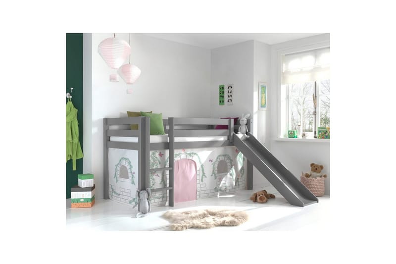 Middelseng med gardin Pino Birdy Grå, Grå, Med sklie, Uten tunnel, Ingen lommer - Grå, Grå, Med sklie, Uten tunnel, Ingen lommer - Møbler - Barnemøbler - Barneseng & Juniorseng - Loftseng