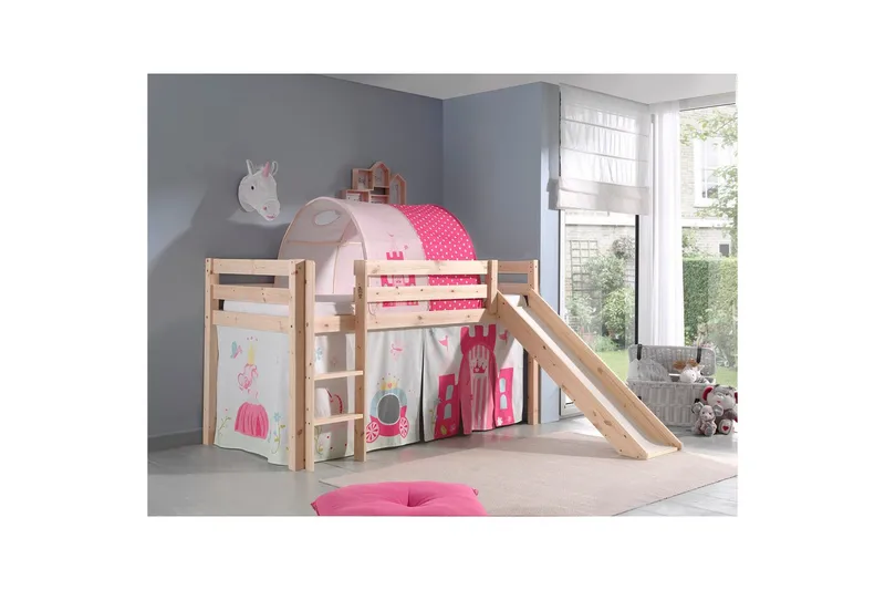 Middelseng med gardin Pino Princess Naturlig, Naturlig, Med sklie, Prinsesse, Ingen lommer - Naturlig, Naturlig, Med sklie, Prinsesse, Ingen lommer - Møbler - Barnemøbler - Barneseng & Juniorseng - Loftseng