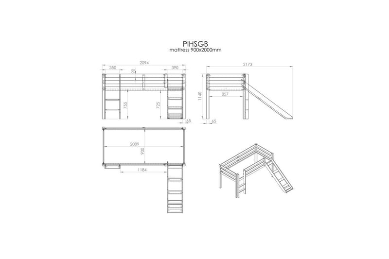 Middelseng med gardin Pino Princess Hvit, Hvit, Med sklie, Uten tunnel, 3 - Hvit, Hvit, Med sklie, Uten tunnel, 3 - Møbler - Barnemøbler - Barneseng & Juniorseng - Loftseng