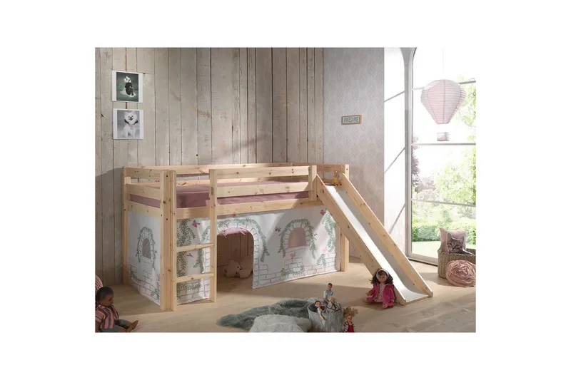 Middelseng med gardin Pino Birdy Naturlig, Naturlig, Med sklie, Med sklie, Ingen lommer - Naturlig, Naturlig, Med sklie, Med sklie, Ingen lommer - Møbler - Barnemøbler - Barneseng & Juniorseng - Loftseng