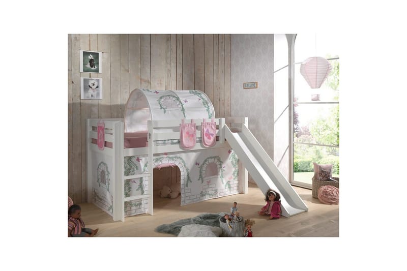 Middelseng med gardin Pino Birdy Hvit, Hvit, Med sklie, Birdy, 3 - Hvit, Hvit, Med sklie, Birdy, 3 - Møbler - Barnemøbler - Barneseng & Juniorseng - Loftseng