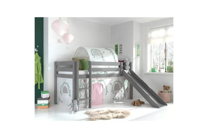 Middelseng med gardin Pino Birdy Grå, Grå, Med sklie, Birdy, Ingen lommer - Grå, Grå, Med sklie, Birdy, Ingen lommer - Møbler - Barnemøbler - Barneseng & Juniorseng - Loftseng