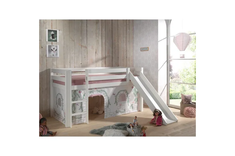 Middelseng med gardin Pino Birdy Hvit, Hvit, Med sklie, Uten tunnel, Ingen lommer - Hvit, Hvit, Med sklie, Uten tunnel, Ingen lommer - Møbler - Barnemøbler - Barneseng & Juniorseng - Loftseng