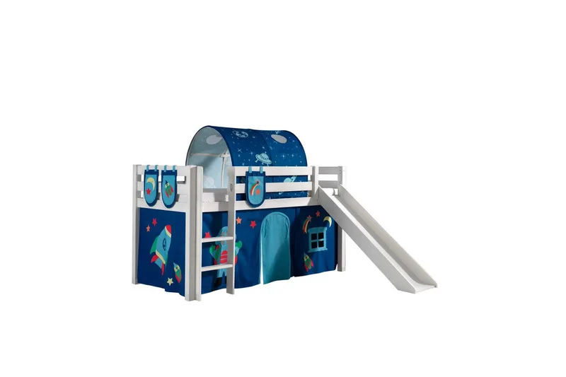Middelseng med gardin Pino Astro Hvit, Hvit, Med sklie, Med tunnel, 3 - Hvit, Hvit, Med sklie, Med tunnel, 3 - Møbler - Barnemøbler - Barneseng & Juniorseng - Køyeseng