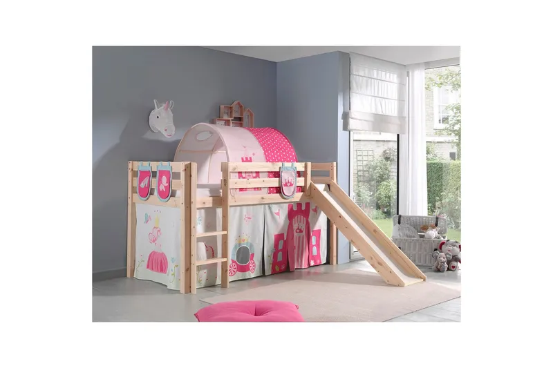 Middelseng med gardin Pino Princess Naturlig, Naturlig, Med sklie, Prinsesse, 3 - Naturlig, Naturlig, Med sklie, Prinsesse, 3 - Møbler - Barnemøbler - Barneseng & Juniorseng - Loftseng
