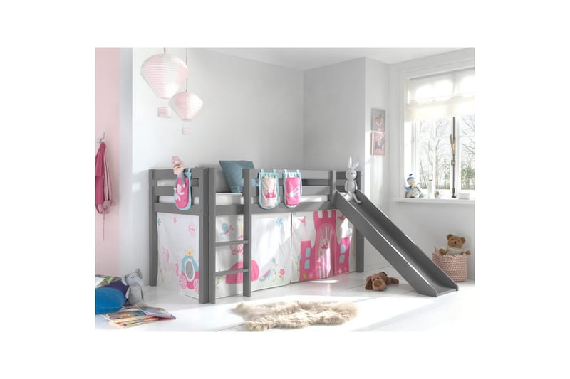 Middelseng med gardin Pino Princess Grå, Grå, Med sklie, Uten tunnel, 3 - Grå, Grå, Med sklie, Uten tunnel, 3 - Møbler - Barnemøbler - Barneseng & Juniorseng - Loftseng