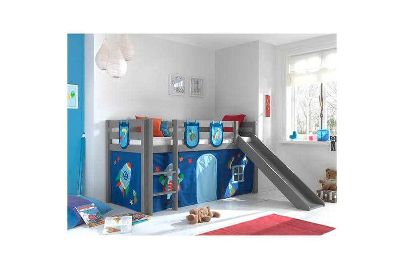Middelseng med gardin Pino Astro Grå, Grå, Med sklie, Uten tunnel, 3 - Grå, Grå, Med sklie, Uten tunnel, 3 - Møbler - Barnemøbler - Barneseng & Juniorseng - Loftseng