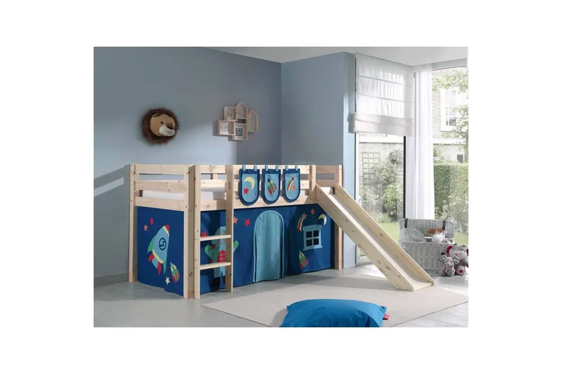 Middelseng med gardin Pino Astro Naturlig, Naturlig, Med sklie, Uten tunnel, 3 - Naturlig, Naturlig, Med sklie, Uten tunnel, 3 - Møbler - Barnemøbler - Barneseng & Juniorseng - Loftseng