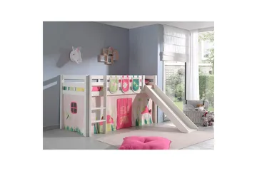 Middelseng med gardin Pino Spring Hvit, Hvit, Med sklie, Uten tunnel, 3 - Hvit, Hvit, Med sklie, Uten tunnel, 3 - Møbler - Barnemøbler - Barneseng & Juniorseng - Loftseng