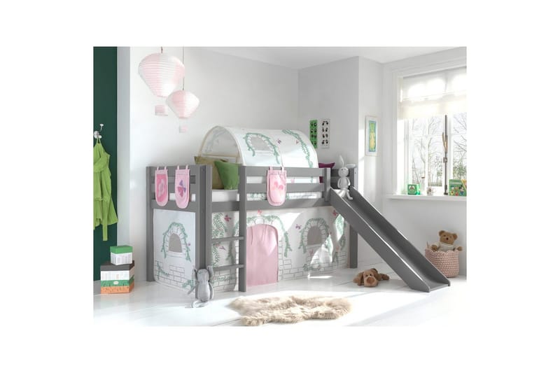 Middelseng med gardin Pino Birdy Grå, Grå, Med sklie, Birdy, 3 - Grå, Grå, Med sklie, Birdy, 3 - Møbler - Barnemøbler - Barneseng & Juniorseng - Køyeseng