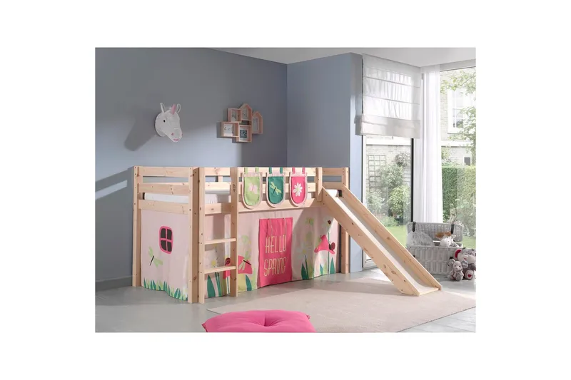 Middelseng med gardin Pino Spring Naturlig, Naturlig, Med sklie, Uten tunnel, 3 - Naturlig, Naturlig, Med sklie, Uten tunnel, 3 - Møbler - Barnemøbler - Barneseng & Juniorseng - Loftseng