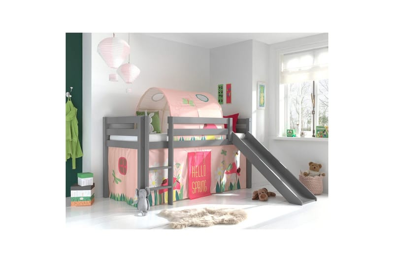 Middelseng med gardin Pino Spring Grå, Grå, Med sklie, Fjær, Vår, Uten lommer - Grå, Grå, Med sklie, Fjær, Vår, Uten lommer - Møbler - Barnemøbler - Barneseng & Juniorseng - Loftseng