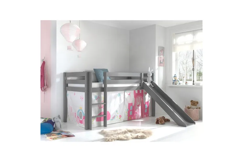 Middelseng med gardin Pino Princess Grå, Grå, Med sklie, Uten tunnel, Ingen lommer - Grå, Grå, Med sklie, Uten tunnel, Ingen lommer - Møbler - Barnemøbler - Barneseng & Juniorseng - Loftseng