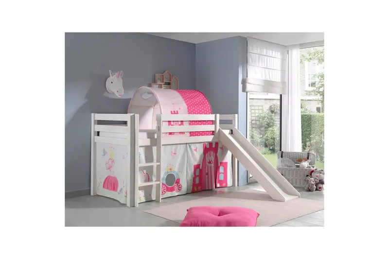 Middelseng med gardin Pino Princess Hvit, Hvit, Med sklie, Prinsesse, Ingen lommer - Hvit, Hvit, Med sklie, Prinsesse, Ingen lommer - Møbler - Barnemøbler - Barneseng & Juniorseng - Loftseng