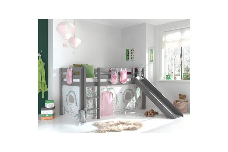 Middelseng med gardin Pino Birdy Grå, Grå, Med sklie, Uten tunnel, 3 - Grå, Grå, Med sklie, Uten tunnel, 3 - Møbler - Barnemøbler - Barneseng & Juniorseng - Køyeseng