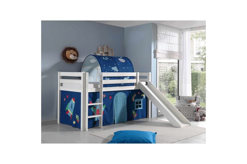 Middelseng med gardin Pino Astro Hvit, Hvit, Med sklie, Med tunnel, Ingen lommer - Hvit, Hvit, Med sklie, Med tunnel, Ingen lommer - Møbler - Barnemøbler - Barneseng & Juniorseng - Loftseng