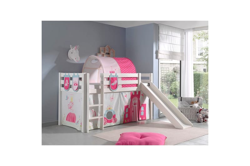 Middelseng med gardin Pino Princess Hvit, Hvit, Med sklie, Prinsesse, 3 - Hvit, Hvit, Med sklie, Prinsesse, 3 - Møbler - Barnemøbler - Barneseng & Juniorseng - Køyeseng