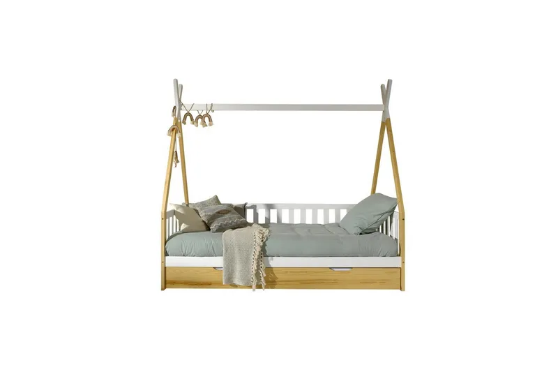 Seng med skuff Tipi Naturlig, Med gjerde, Naturlig, Med gjerde