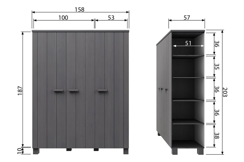 Garderobe Mitchell 158 cm - Stålgrå Furu - Møbler - Barnemøbler - Oppbevaring barnerom - Barnegarderobe