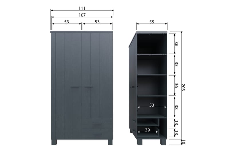 Garderobe Mitchell med 2 Skuffer 111 cm - Stålgrå Furu - Møbler - Barnemøbler - Oppbevaring barnerom - Barnegarderobe