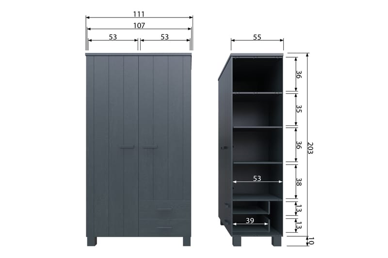 Tenney Garderobe med 2 Skuffer 111 cm - Stålgrå Furu - Oppbevaring - Garderober & garderobesystem - Garderobeskap