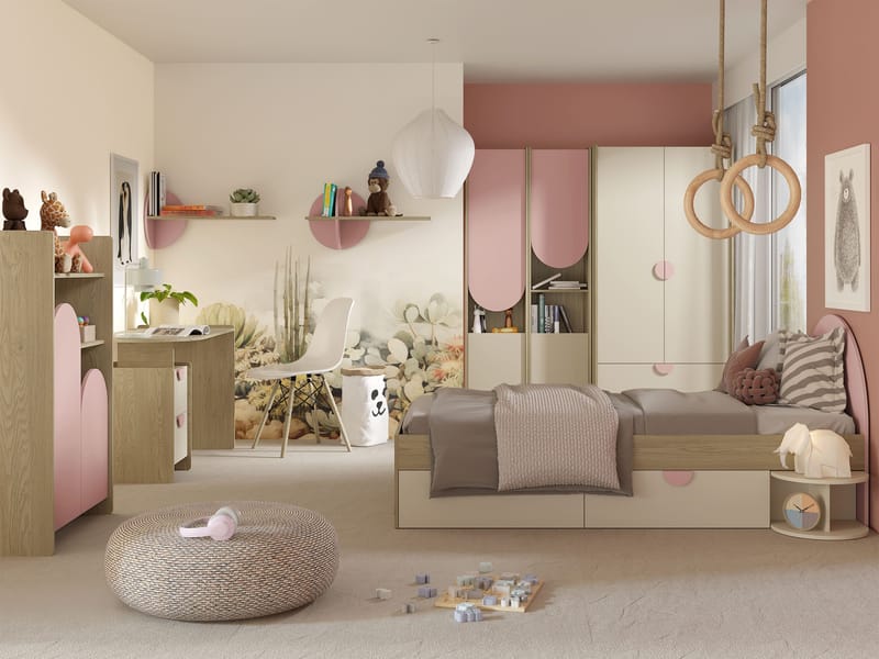 Zarek Soveromsmøbelsett - Brun, beige og rosa - Møbler - Barnemøbler - Oppbevaring barnerom - Skap barnerom