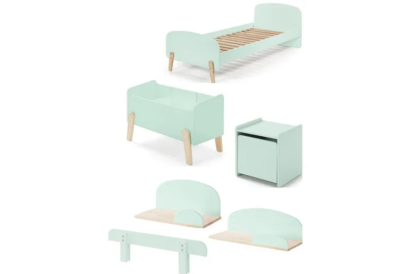 Säng med sängbord Vägg hyllor Leksakslåda Skyddsrail Vipack Kiddy Vipack Mint Green