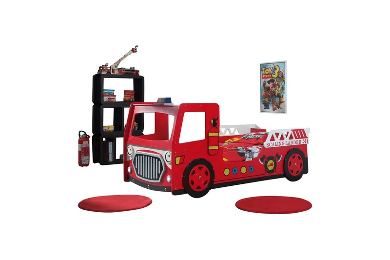 Seng Brannbil Rød 90x200 cm Med Madrass, Med Madrass