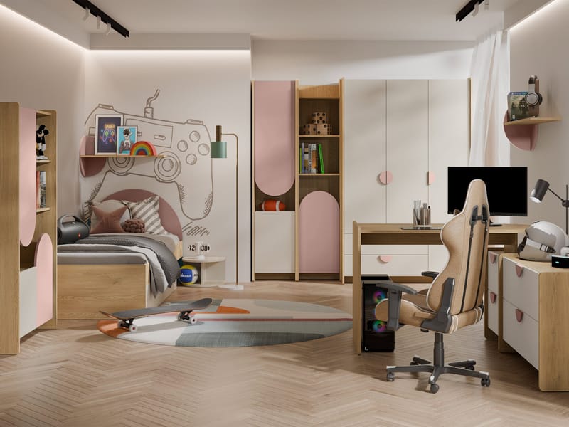 Zarek Soveromsmøbelsett - brun, beige og rosa - Møbler - Barnemøbler - Barnemøbelsett