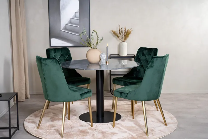 Admira spisebord 106 cm rundt i marmor med 4 Velvet Deluxe fløyelsstoler