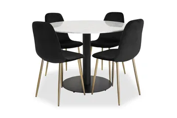 Admira spisebord rundt hvitt/svart + Pontus stol svart/messing 4 stk. - Møbler - Bord - Spisegruppe